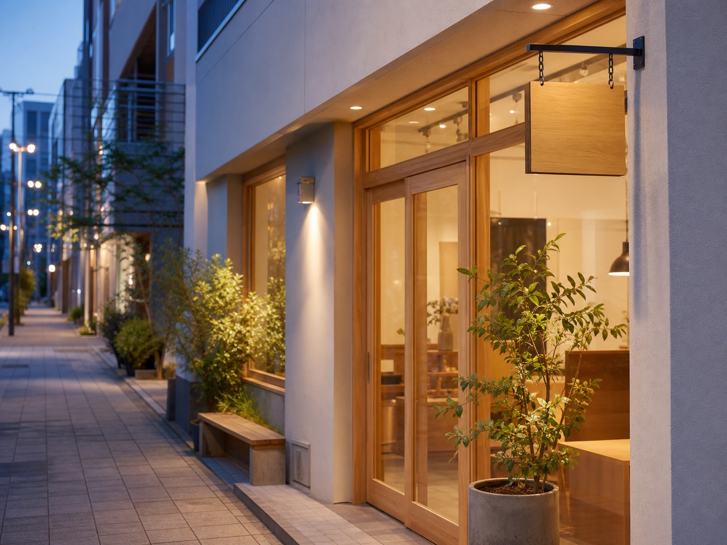夕暮れの通りに面した、木の看板とガラス戸の小さなお店。温かい灯りがついている